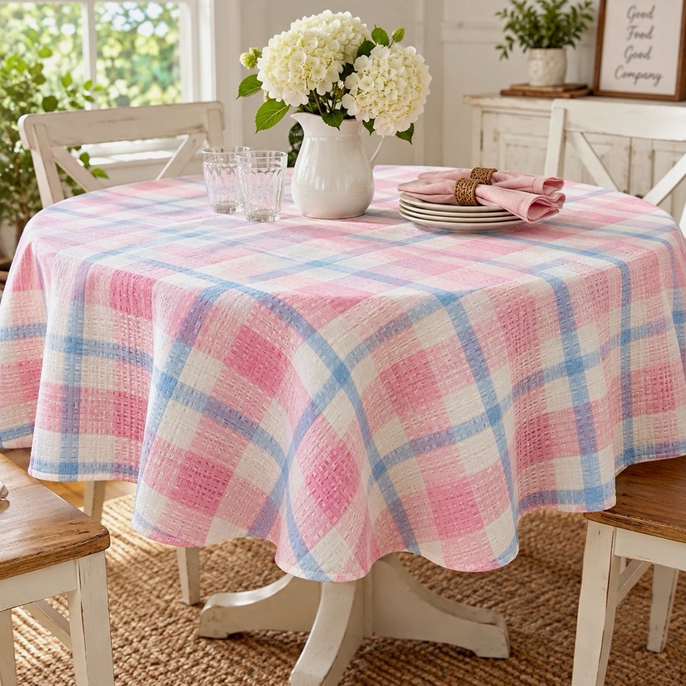 Vintage Woven Table Linens 60" Round Tablecloth Pink Blue Plaid Cotton Cottage